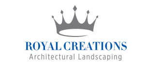 Logo of Royal Creations Architectural Landscaping. It features a stylized gray crown above the text. ROYAL CREATIONS is in bold blue letters with Architectural Landscaping in smaller gray font below, reflecting their expertise in landscape design in Kansas City and enhancing curb appeal.