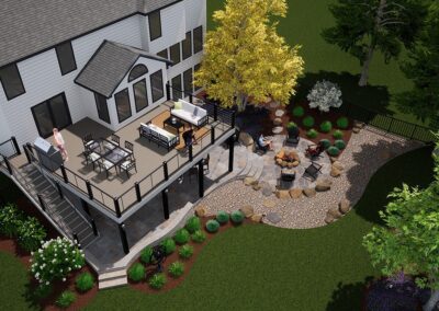 3D rendering of back deck and patio living space for a home in Kansas City