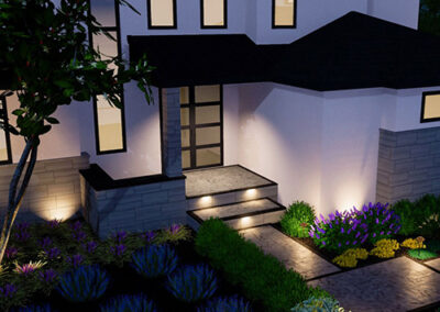 3D rendering of an outdoor lighting project to illuminate stairs, walkways, and landscapes