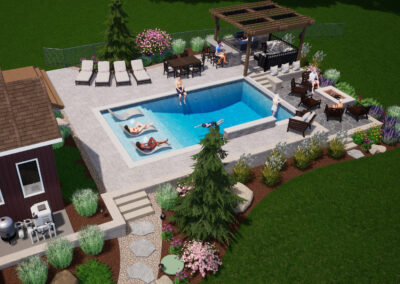 A backyard scene with a rectangular pool. People lounge on pool floats and sun chairs. A pergola shades a dining area near a fire pit. Surrounding the pool are trees, shrubs, and a small garden. A fence encloses the space.