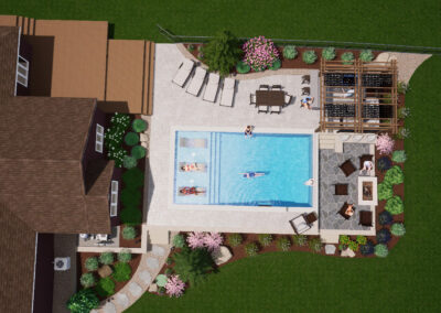 Aerial view of a backyard with a swimming pool surrounded by lounge chairs. Several people are enjoying the pool. Theres a patio with a dining set, a wooden deck, and landscaped greenery with flowers. A pergola with seating is nearby.