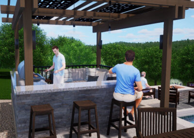 Two people are at a stone outdoor bar with wooden stools under a pergola. One person is grilling, and another is seated, drinking. The area overlooks a lush green landscape with a pool in the background.