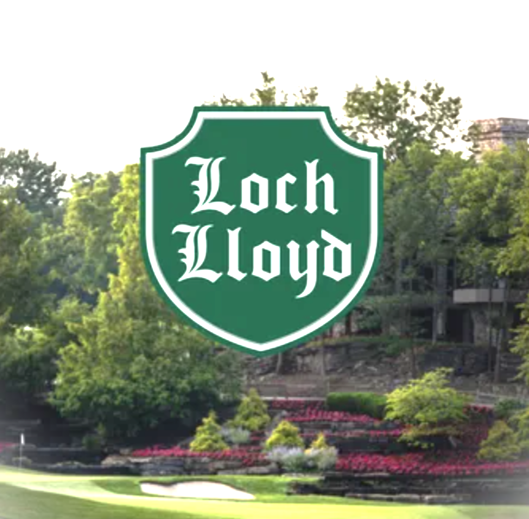 the sign Loch Lloyd over a photo of a manicured landscape