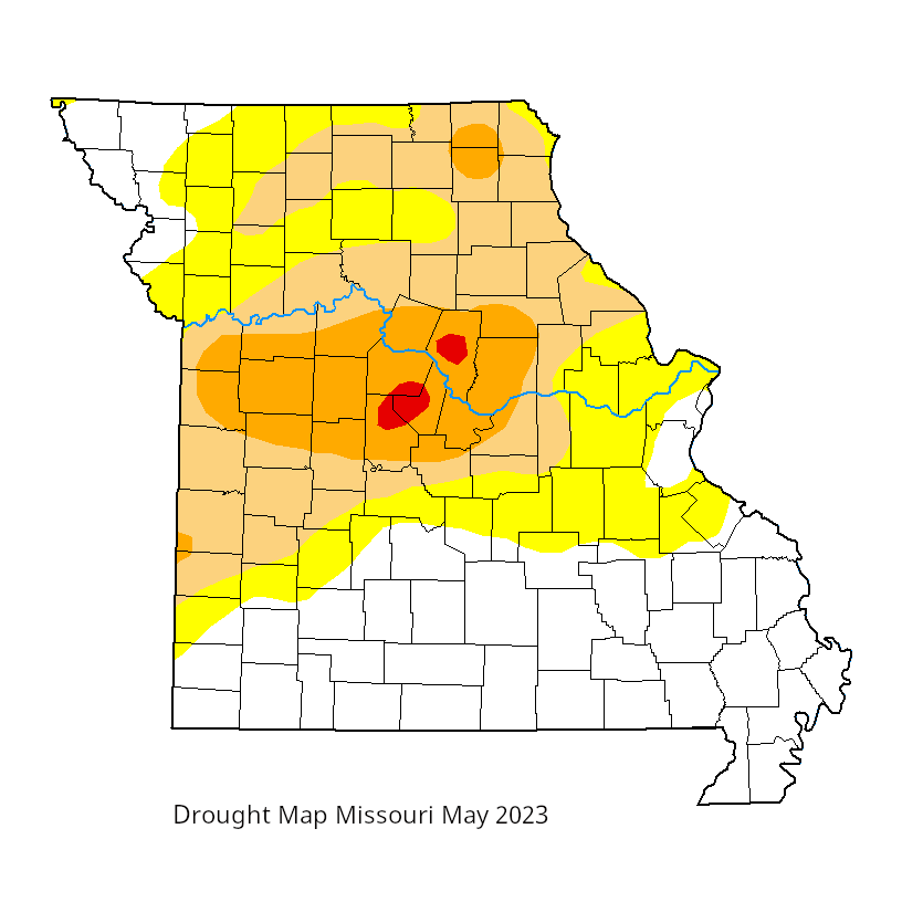two drought maps for Missouri, one for May 2023 and one for May 2024