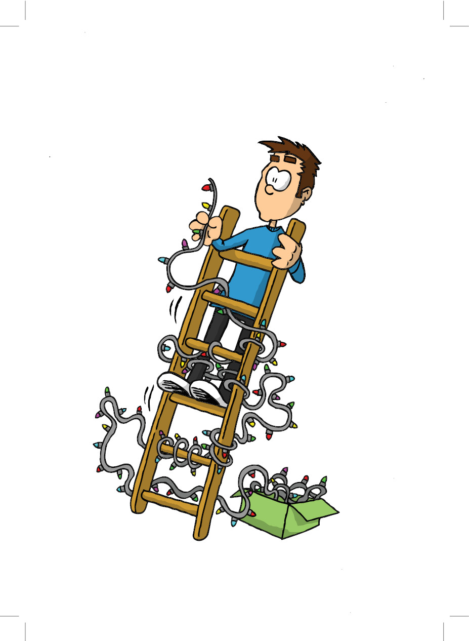 A drawing of a man with Christmas lights falling off a ladder.